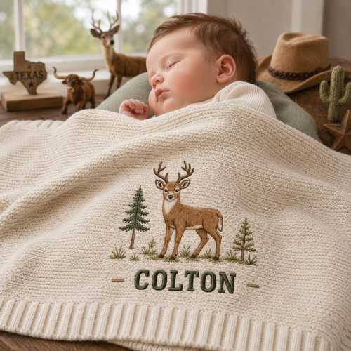 Custom Deer Embroidered Knit Baby Blanket, Personalized Name Fawn Knit Throw, Woodland Lover Newborn Keepsake, Baby Shower Gift