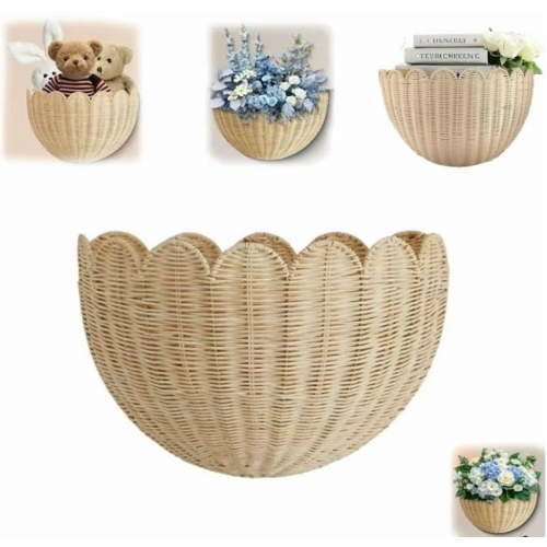 Scalloped Wall Basket,Hand Woven Hanging Wicker Wall Baskets Set, Scalloped Rattan Wall Basket Decor for Home,Bathroom,Living Room Organizing, 14 x 8 x 6 Inch