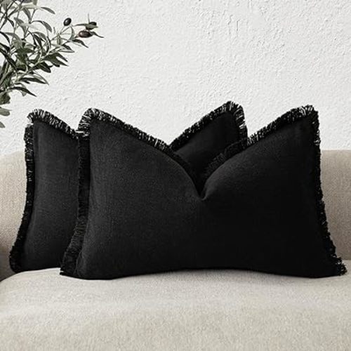 Foindtower Set of 2 Decorative Linen Fringe Lumbar Throw Pillow Covers Boho Farmhouse Cushion Cover with Tassels Soft Accent Pillowcase for Couch Sofa Bed Living Room Home Decor,12×20 Inch,Black