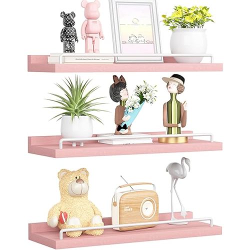 Pink and White Floating Shelves, Kawaii Room Decor Wall Shelves - Set of 3 for Living Room, Bedroom, Kitchen, Picture Frames, Plants