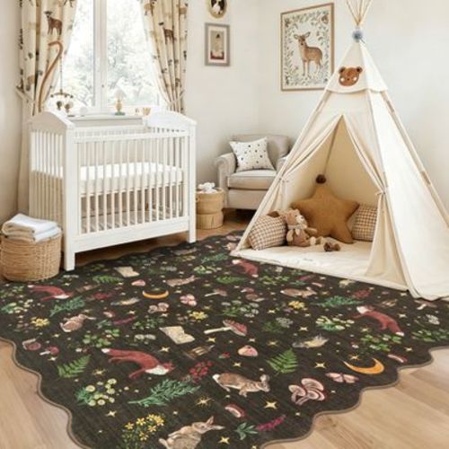 4'x6' Scalloped Woodland Animal Washable Area Rug, Cute Fox Rabbit Carpet Foldable Stain Resistant Floor Cover for Bedroom Nursery Playroom