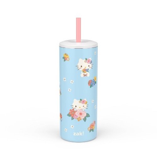 Zak Designs 16 fl oz Stainless Steel Vacuum Insulated Hello Kitty Straw Tumbler: Kids Portable Drinkware, Dishwasher-Safe