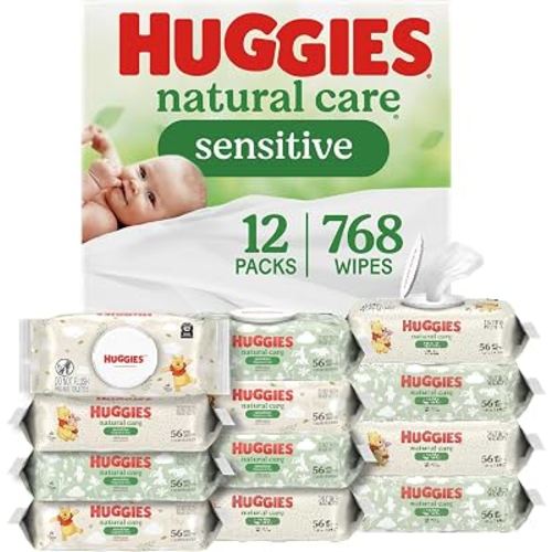 Huggies Natural Care Sensitive Baby Wipes, Unscented, Hypoallergenic, 99% Purified Water, 12 Flip-Top Packs (768 Wipes Total), Packaging May Vary