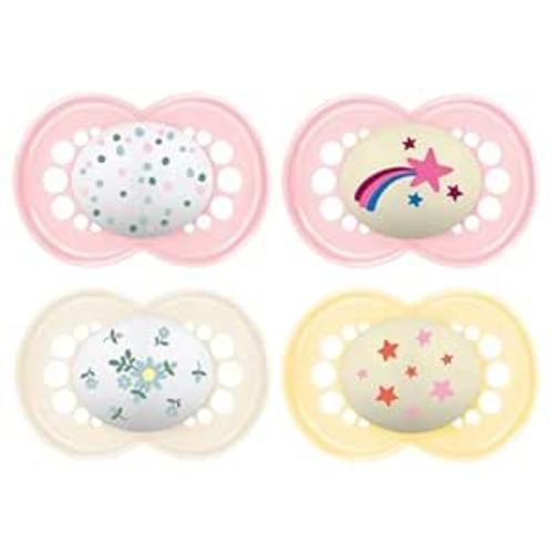 MAM Original Baby Pacifiers 16+ Months, Binky for Newborn Babies, BPA-Free Skin Soft Silicone Nipple, Glows in The Dark, Developed with Medical Experts, 4 Count, Sterilizer Case, Made in Europe