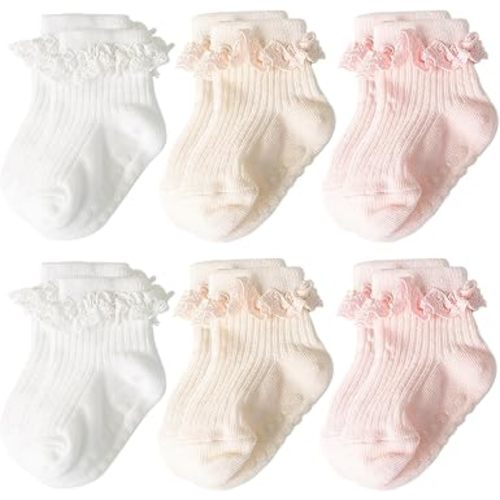 AQOKKA Baby Girl Toddlers Socks with Non-slip Grip Cute Frilly Ruffle Ankle Soft Cotton Newborn Baby Socks for Infant Kids