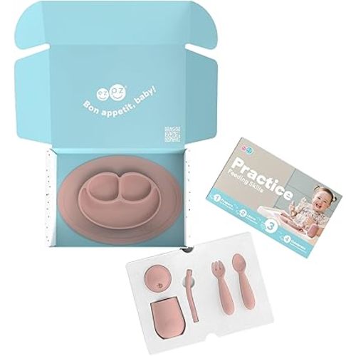 ezpz Kit 3: Practice Feeding Skills (Blush) - Tools to Help Your Toddler Practice Scooping, Piercing, Straw Drinking, and Self-Feeding - Toddler Essentials & Gifts