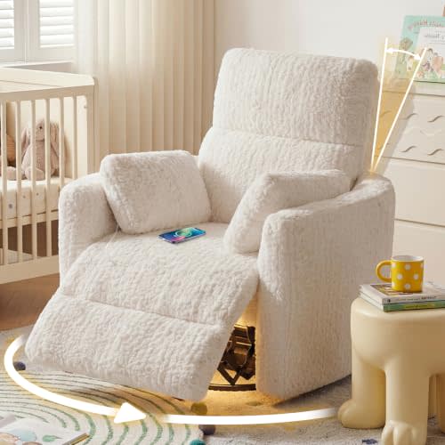HUSFU Power Swivel Rocker Recliner, Nursery Glider, USB Ports, Cream | Swivel Rocker Chair for Adults & Nursery, Glider Chair with Throw Pillows, Comfy Plush Fabric for Living Room, Bedroom
