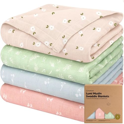 4-Pack Muslin Swaddle Blankets for Boys, Girls - Organic Baby Swaddles for Newborns, Soft & Breathable Receiving Baby Blankets for Girl, Boy, Neutral, Newborn Essentials Gift (Bloom)