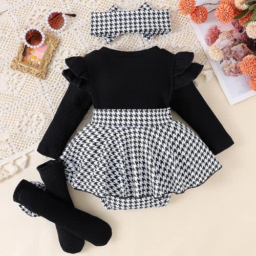 Giraropa Baby Girl Fall Winter Clothes Long Sleeve Romper Dress + Socks + Headband Newborn Infant Cute Casual Outfits (Black, 12-18 Months)