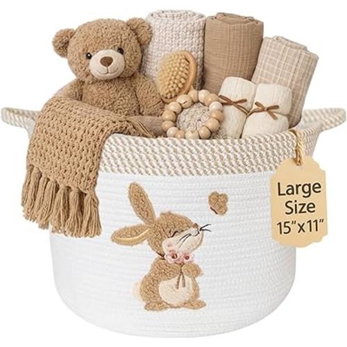 Bunny Storage Basket for Nursery – Large 15"x11" Cotton Rope Bin with Soft Embroidered Bunny Patch – Toy Organizer, Baby Laundry Hamper, Blanket & Diaper Holder – Foldable, Washable & Baby-Safe