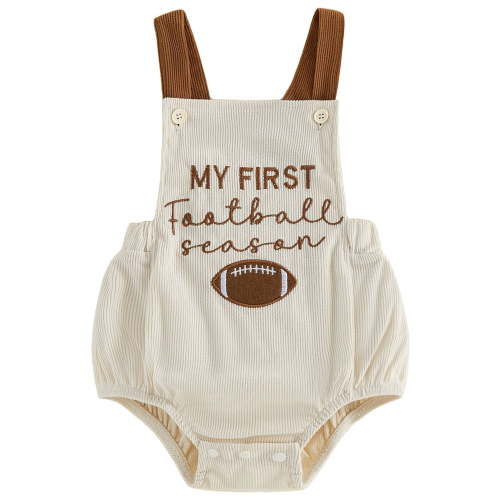 My First Football Season Baby Boy Girl Outfit Letter Embroidery Corduroy Overalls Bubble Romper Sleeveless Bodysuit Jumpsuit
