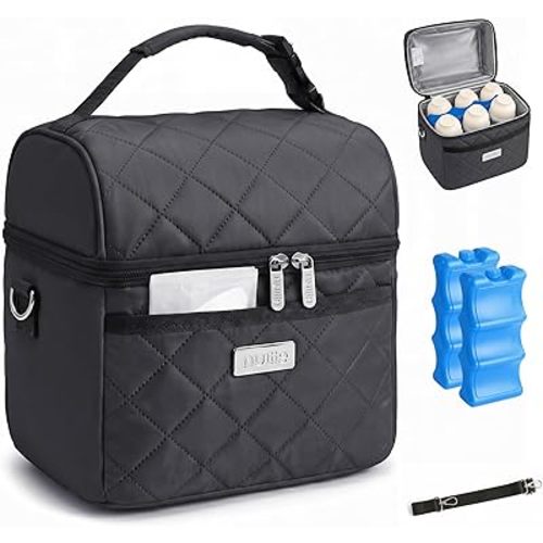 Nuliie Breastmilk Cooler Bag with 2 Ice Packs, Fits 6 Baby Bottles Up to 10 Ounce, Four Layer Insulated Baby Bottle Bag for Daycare, Breast Milk Cooler with Pocket, Strap & Buckle, Waterproof, Grey
