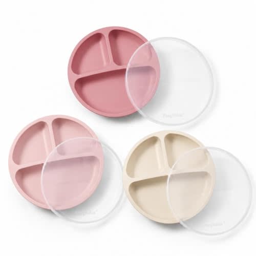 PandaEar 3 Pack Toddler Plates, Silicone Divided Suction Plate for Babies, BPA-Free 100% Food-Grade Silicone Unbreakable Baby Plate, Pink/Linen/Light Pink, With Lids