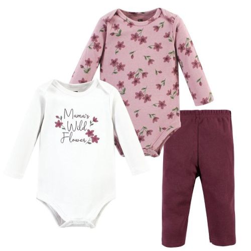 Hudson Baby Infant Girl Cotton Bodysuit and Pant Set, Plum Wildflower Long Sleeve, 3-6 Months
