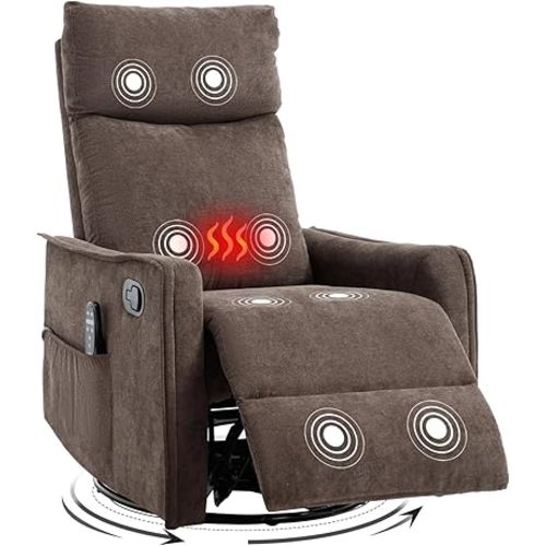 Swivel Rocker Recliner Chair, 360° Swivel Recliner with Heat and Massage, Rocker Recliner Easy to Clean Nursery Glider Recliner Chair with Side Pockets for Living Room Brown