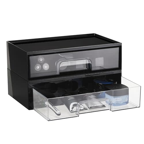 Vtopmart Black Stackable Storage Drawers, 2 Pack Wide Organizers | Pull-Out Drawers, Stackable Design for Makeup Palettes, Cosmetics, Beauty Supplies, Vanity, Cabinet and Desk