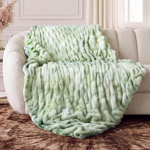 Double-Sided Faux Fur Throw Blanket, 1100 GSM Ultra Soft Faux Rabbit Fur Blanket with Ruched Texture, Thick Fluffy Cozy Plush Blanket for Couch, Sofa, Bed, 50" x 60", Tie-Dye Sage