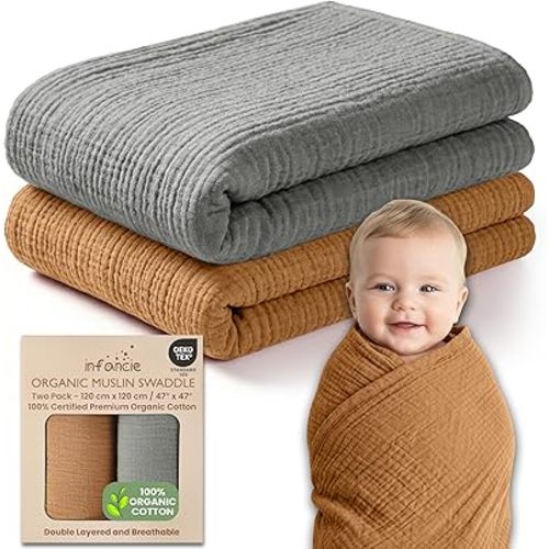 100% Organic Cotton Baby Muslin Blanket 120 X 120 CM Swaddle Blanket Pack of 2 Soft Breathable Lightweight Gentle On Baby Skin Large Receiving Blanket for Newborns and Infants Daily Use