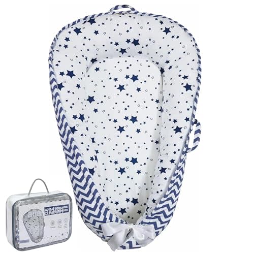 Baby Lounger | Organic Cotton Infant Lounger| Reversible, Adjustable & Portable Floor Lounger |Supervised Use | Soft, Breathable, Washable Cover - Star Collection (Blue)