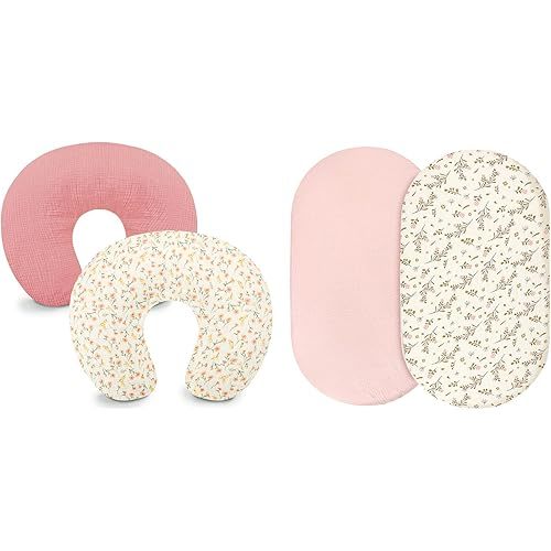 Hooyax Muslin Nursing Pillow Covers and Bassinet Sheets for Baby Girls, 2 Pack Soft and Breathable Cotton, Universal Fit(Pink, Flower)