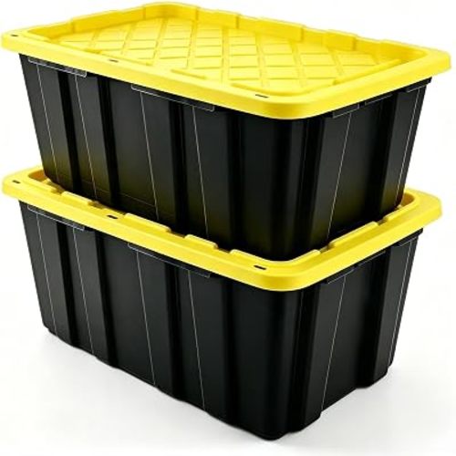 40 Gallon Stackable Lidded Plastic Storage Bins, 2 Pack Black Yellow