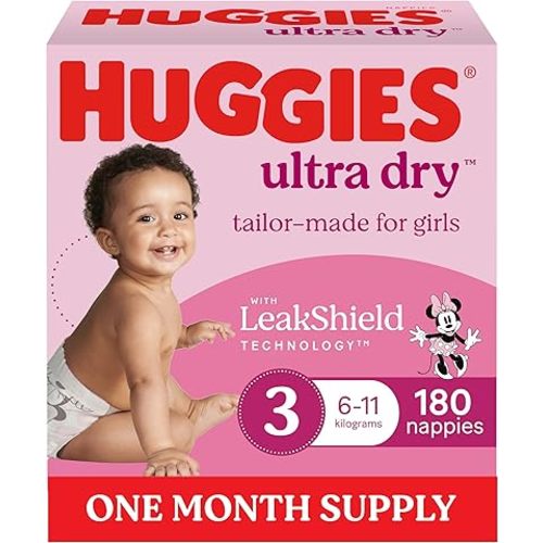 Huggies Ultra Dry Nappies Girls Size 3 (6-11kg) 180 Count - One Month Supply (Packaging May Vary)