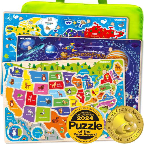 Quokka Educational Wooden Jigsaw Puzzles for Kids Ages 3-6 - World, Space & USA