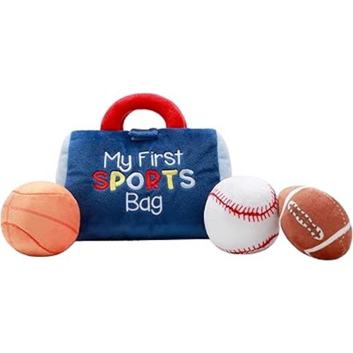 4 Piece Plush My First Sport Bag Play Set with Sensory Toy Balls for Baby, Blue All Sports, 6 inch, Basketball, Baseball, Football