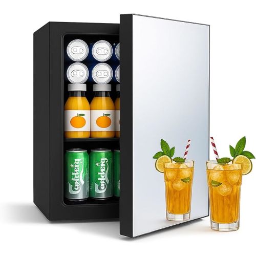 Compact Mini Fridge - 24 Cans/0.95 Cu.Ft Beverage Refrigerator with Mirrored Door & Digital Thermostat, Small Cosmetics Cooler for Skincare, Drinks, Food, Office, Dorm, Black