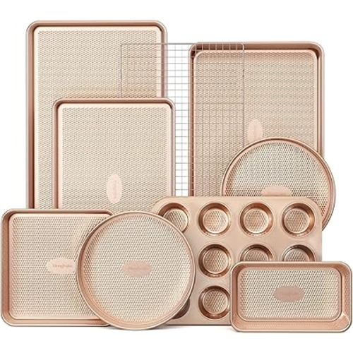 HONGBAKE 9-Piece Baking Pans Set Nonstick, Stackable Non Toxic Bakeware Sets with Diamond Texture, Oven Pan Set for Cooking, Includes Cookie Sheet with Rack, Cake Pan, Roasting Pan, Muffin Tin, Gold
