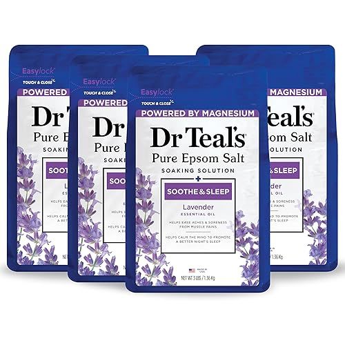 Dr Teal's Pure Epsom Magnesium Salt Soak, Soothe & Sleep with Lavender, 3 lb (Pack of 4)