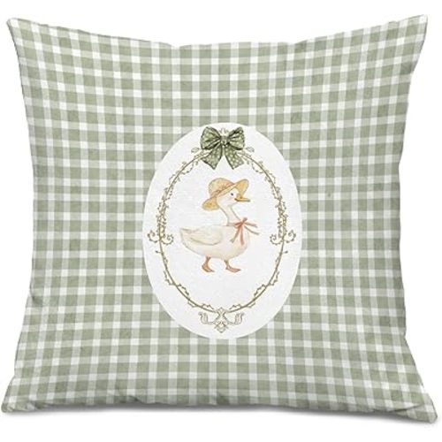 Vintage Green Gingham Goose Pillow Covers 18x18, Goose Nursery Decor, Girly Green Bow Geese Checkered Decorative Throw Pillow Covers for Baby Nursery Room Bedroom Living Room