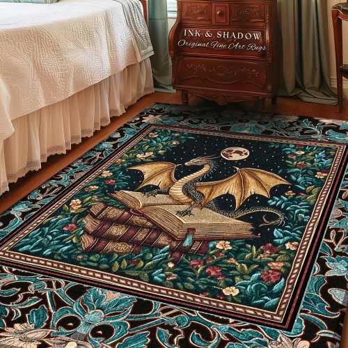 Fantasy Accent Rug Medieval Dragon | Medieval Library Aesthetic Gothic Cottagecore Decor for Book Nook Crowcore Fairytale Bedroom Area Rug |