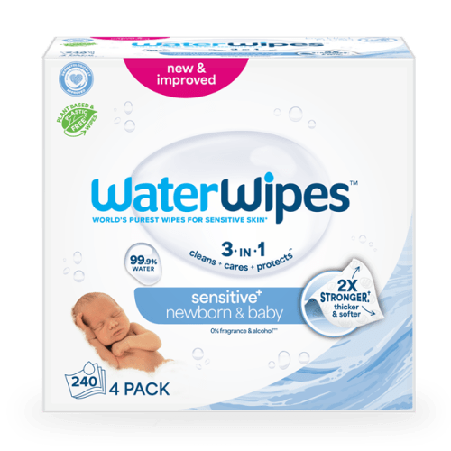 WaterWipes Sensitive+ Newborn & Baby Wipes, 3-In-1 Cleans, Cares, Protects, 99.9% Water, Unscented & Hypoallergenic, 240 Count (4 Packs)