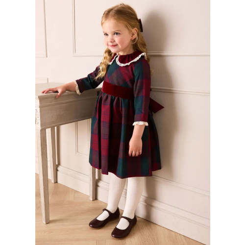 Grosvenor Tartan Lace Detail Velvet Bow Dress in Red (12mths)