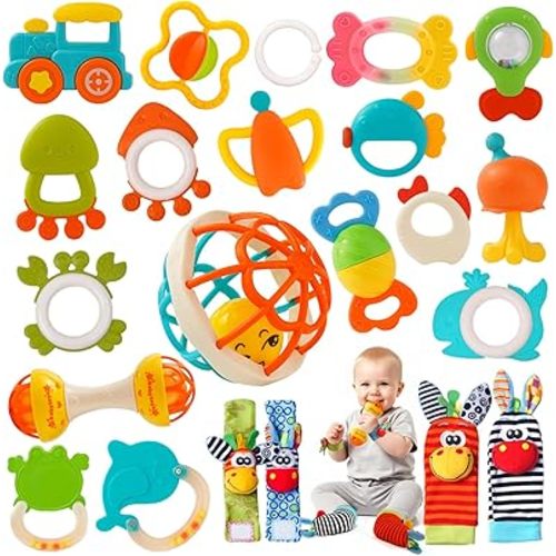 Baby Rattles 0-6 Months,Infant Sensory Teething Toys Set for 3-6 Months with Wrist Socks,Learning Developmental Toys,Perfect Baby Gift for 6-12 Months Newborn Boys Girls (Orange Rattle Set)
