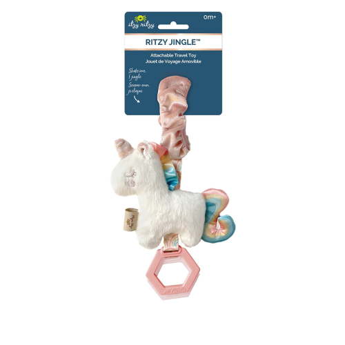 Itzy Ritzy - Ritzy Jingle Toy for Stroller, Car Seat or Activity Gym; Features Jingle Sound, Hexagon Rings and Adjustable Attachment Loop; Unicorn