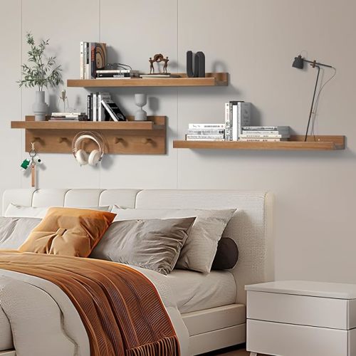 MBYD 24 Inch Floating Shelves, Picture Ledge Shelf, Natural Wood Wall Shelf, Nursery Book Shelves for Kids Room Decor with Hooks, Kitchen Bathroom Storage, Living Room Walnut