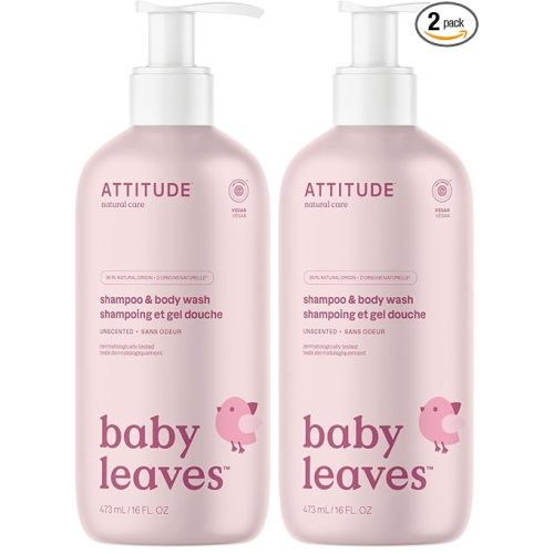 ATTITUDE Baby 2-in-1 Shampoo & Body Wash, EWG Verified, Fragrance Free & Dermatologically Tested, Vegan, Unscented, 16 Fl Oz (Pack of 2)