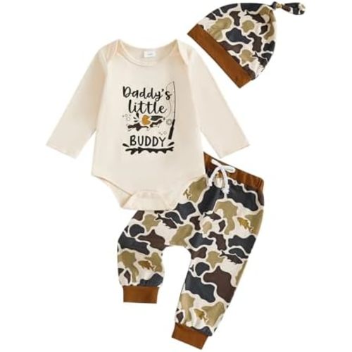 Newborn Baby Boy Hunting Clothes Long Sleeve Romper Camouflage Pant Set Beanie Hat 3 Piece Outfit