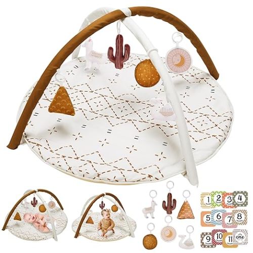 Tummy Time Activity Mat, Macrame Baby Play Gym Mat with 6 Detachable Toys and 12 Milestone Cards for Stage-Based Sensory and Motor Skill Development, Washable Play Mats for Infant, Non Slip Play Mat