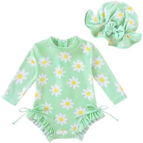 Infant Baby Girl Swimsuit Long Sleeve One-Piece Swimwear Zipper Ruffled Bathing Suit