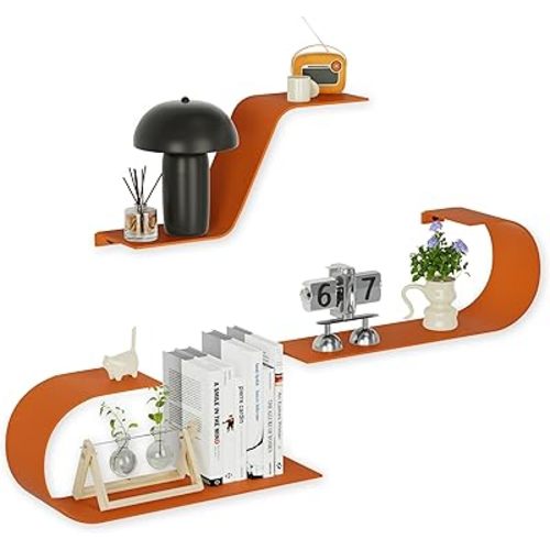 BUTUNITA Orange Floating Shelves Set of 3, Orange Metal Decor, Unique Mounted Floating Shelf, Modern Long Wall Shelf, Large Wall Shelves for Bedroom, Bathroom, Living Room