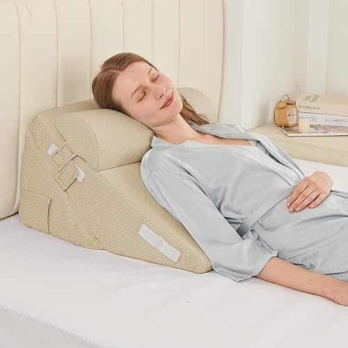 Sasttie Wedge Pillow Set for After Surgery, 2PCS Adjustable Bed Wedge Pillow Headboard with Memory Foam Neck Cushion – for Acid Reflux, Sleeping, Neck & Back Support, Beige