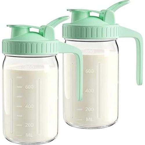 2-Pack 32oz Breast Milk Pitcher with Lid – Leak-Proof, Airtight Glass Milk Storage Container for Breastmilk, Formula, and Beverages, Easy Pour Spout, Wide Mouth for Quick Filling and Cleaning