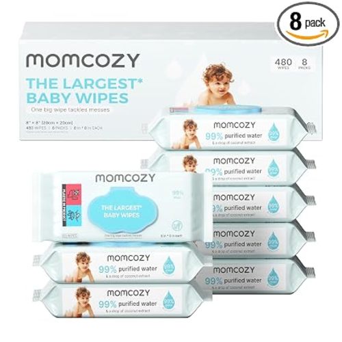 Momcozy Baby Wipes-Extra Large Size Design, 99% Water Based, Unscented & Hypoallergenic, Cleansing & Moisturizing Baby Wipes for Sensitive Skin, 8 Flip-Top Packs (480 Wipes Total)