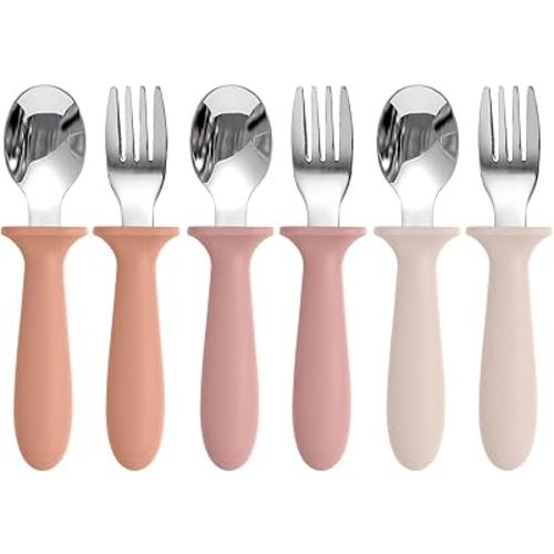 Eascrozn Toddler Spoons and Forks Set, 6 Pack Kids Silverware with Silicone Handle, BPA Free, 18/8 Stainless Steel Children Safe Toddler Utensils, Dishwasher Safe