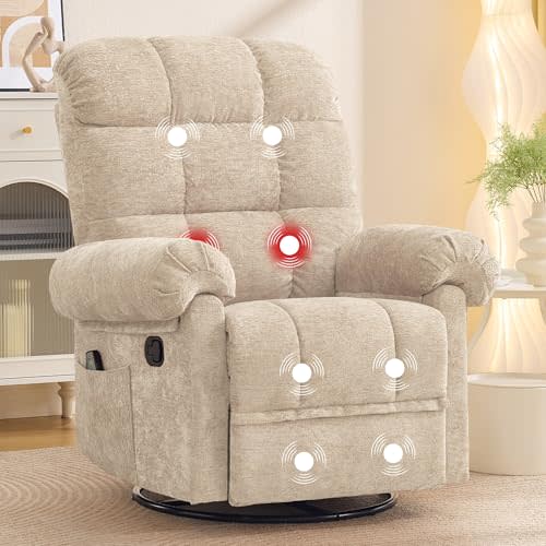Korser 360° Swivel Rocker Recliner Chair, Rocking Chair Nursery with Massage and Heat, Small Recliners for Small Space, Manual Recliner Chair with Cozy Chenille Fabric, Side Pockets for Nursery