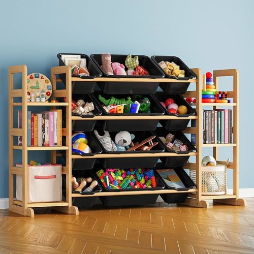 SpaceAid Toy Storage Organizer with 6 Shelves and 12 Bins, Bookshelf/Bookcase, Kids Bin Shelf, Toys Box for Playroom Organization for Bedroom & Room Decor, White, 52.3" W