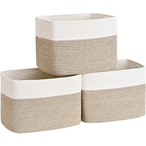 3 Pack Cube Storage Bin, 17”x12”x12” Cotton Rope Woven Baskets for Organizing Toys Clothes Towels, Square Gift Storage Baskets for Shelf, Nursery, Closet, Bathroom, Pantry (White & Jute)